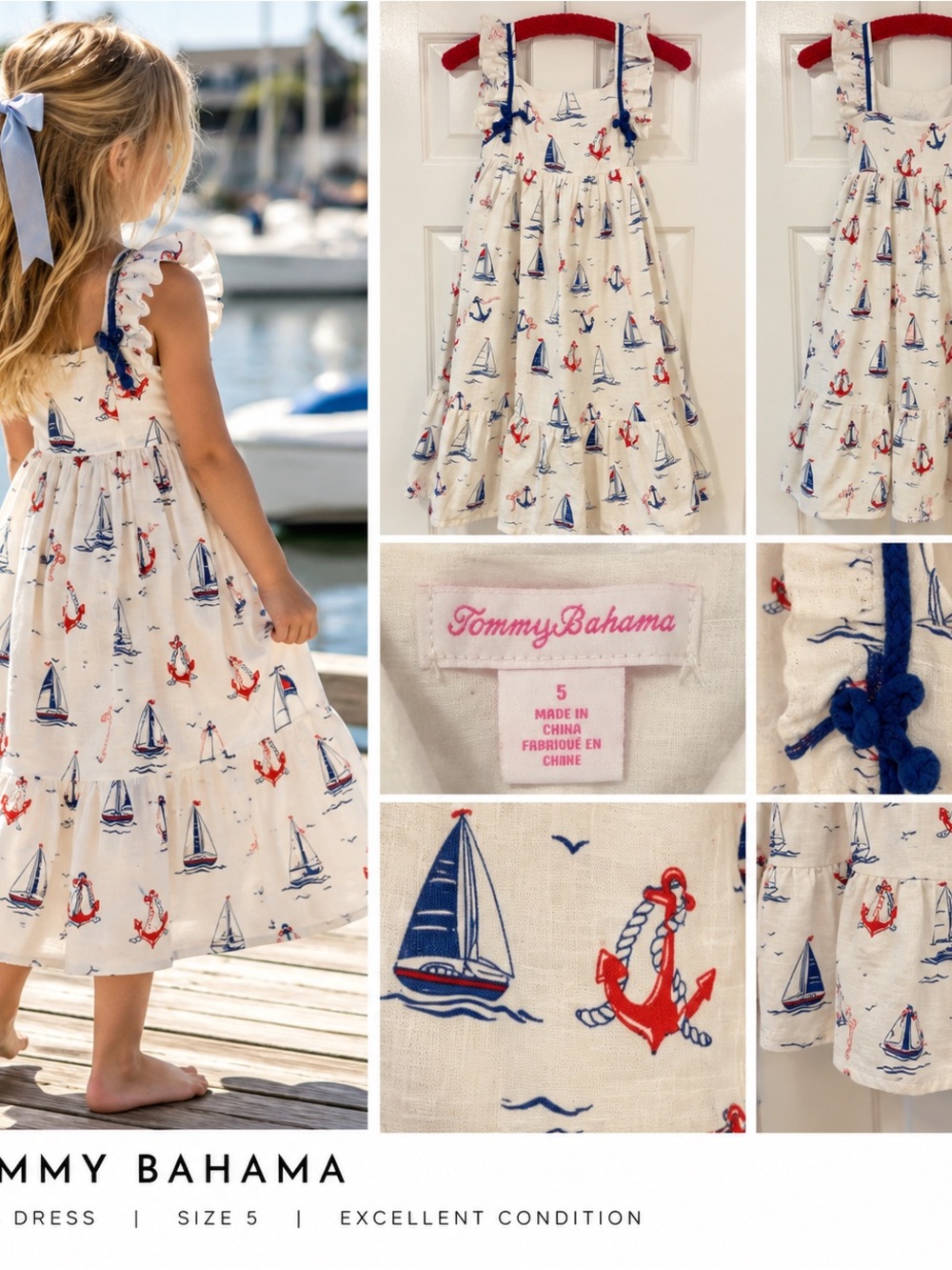 Tommy Bahama Girls Cream Dress with Red & Blue Nautical Print